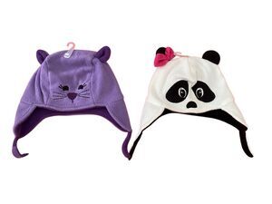 Lot of 2 Nwt Baby Cat Panda Winter Hats 0 to 12 Months Ear Flaps Infant Fleece C